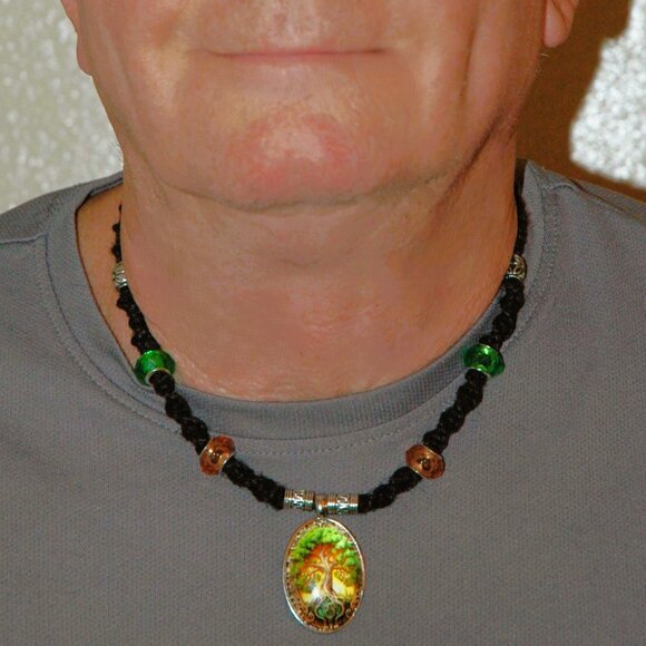 Celtic Tree of Life on a 21" Handmade Black Hemp Chain with Brown & Green Accent - Picture 4 of 7